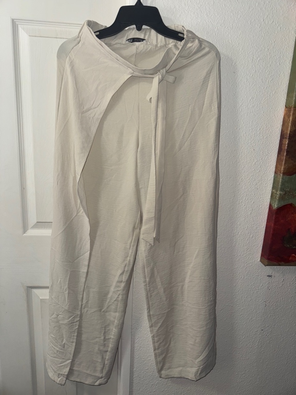 Zara Cream Wide-Leg Tie Waist Pants